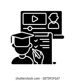 Icono de glifo negro de entrenamiento en línea. E aprendiendo durante la cuarentena. Educación en Internet. Estudiar a distancia. Seminario web para estudiantes. Símbolo de silueta en el espacio blanco. Ilustración aislada del vector
