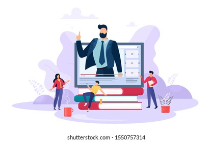 Online training or business training, presentation, courses. A stack of books with adult characters in a trendy style. Vector illustration in cartoon flat style.