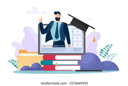 Online training or business training, presentation, training, courses. A stack of books with a monitor and a teacher by a man in a fashionable style. Vector illustration in cartoon flat style.