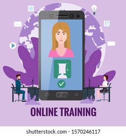Online training coaching, education, workshops and courses. E-learning page students studying, with smartphone, pile of books icon set and mentor masterclass. Vector illustration isolated
