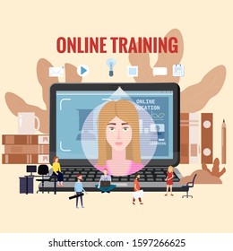 Online training coaching, education, workshops and courses. E-learning page students studying, with notebook, pile of books icon set and mentor masterclass. Vector illustration isolated