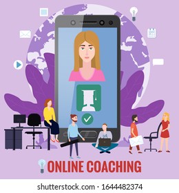 Online training coaching, education, workshops and courses. E-learning page students studying, with smartphone, pile of books icon set and mentor masterclass. Vector illustration isolated