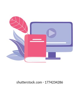 online training, computer book education and courses learning digital vector illustration
