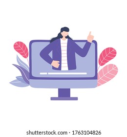 online training, computer teacher woman class virtual, education and courses learning digital vector illustration