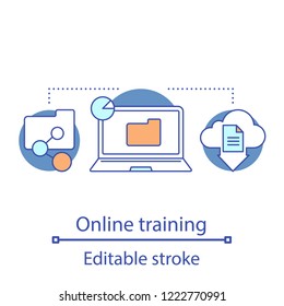 Online training concept icon. E-learning. File manager idea thin line illustration. Cloud computing. Server. Data management. Vector isolated outline drawing. Editable stroke