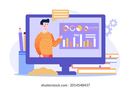 Online training concept. Male teacher conduct lessons online for school pupils or university students. Video conference, remote teaching. Cartoon flat vector illustration isolated on white background