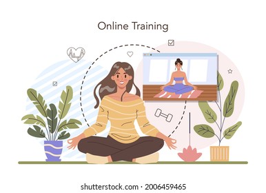 Online-Schulungskonzept. Trainieren Sie im Fitnessraum mit professionellem Fitnesstrainer. Gesunder und aktiver Lebensstil. Ausbildungs- und Ernährungsplan. Flache Vektorgrafik