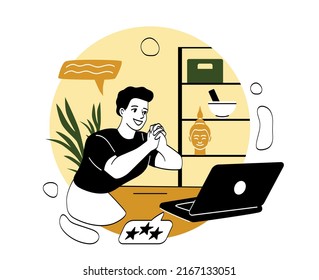 Concepto de formación en línea. Un chico joven se toma las manos y espera una respuesta positiva. Redes sociales y personalidades populares, bloggers y creatividad en Internet. Dibujo vectorial plano de dibujos animados