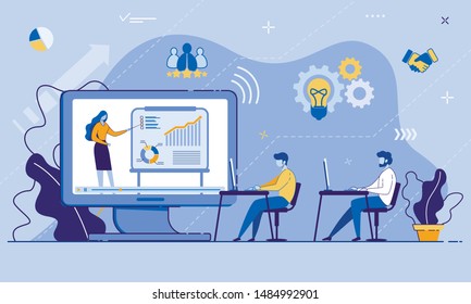 Online Training Conference for Office Workers. Cartoon Colleagues Sitting with Laptop at Desks Receive Knowledge from Female Coach. Online Education. Professional Growth. Vector Flat illustration