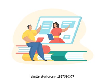 Online training cources. E-learning concept. Male cartoon character sitting on books and talking with female tutor online. Flat vector illustration
