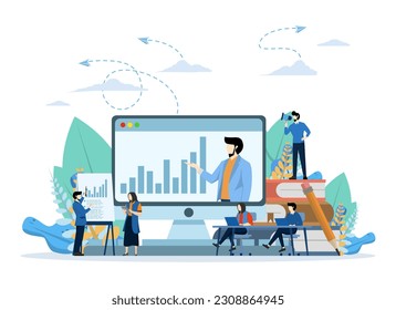 online training course for employees, upgrading training skills, people sitting at conference and looking at big screen, infographic analysis, vector flat illustration.