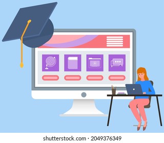 Cursos de capacitación en línea. Concepto de e-learning. Mejor método de autoeducación, las niñas estudian con laptop. Diversos cursos de formación en línea para estudiantes. Educación a distancia, aprendizaje en línea y graduación