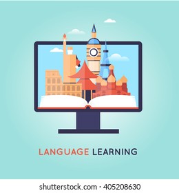 On-line Training Courses. Foreign language education, internet lessons, school. English. Flat design vector