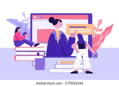 Online training courses illustration. Web education by modern methods new knowledge in distance learning communication webinars on web sites digital information without leaving vector house.