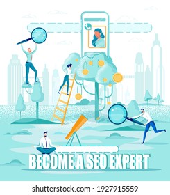 Online Training Courses for Learning How to Develop and Implement Searching Engine Optimization Strategy, Working for Business. Trainee, Meditating. Men with Magnifying Glasses. Woman on Step Ladder.