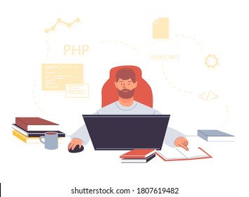 Online training courses for programmer administration. Computer programming class, coding learning. Distance education. Young man studying software web development operation on laptop stay at home