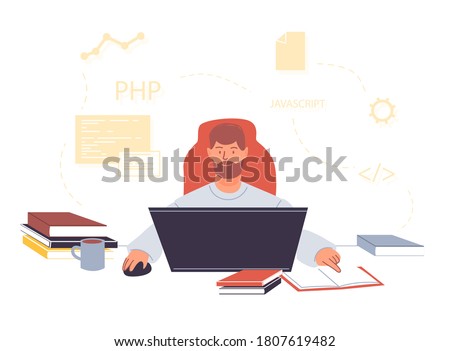 Online training courses for programmer administration. Computer programming class, coding learning. Distance education. Young man studying software web development operation on laptop stay at home