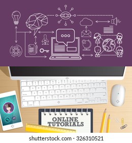 Online training courses, online universities, online education. Top view vector of Office desk table. Concept for website banner, background and marketing material.