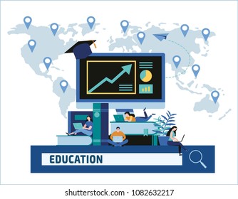 online training courses vector illustration.
distance learning education concept.
internet studying book tutorials. thinking business plan analysis.
flat cartoon character design for web mobile banner