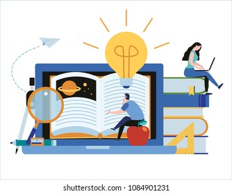 ilustração vetorial de cursos de treinamento on-line.
conceito de educação empresarial de ensino à distância.
tutoriais de livros de estudo na internet. habilidades desenvolvidas
design de personagem de desenho animado plano de estudante para banner móvel da web