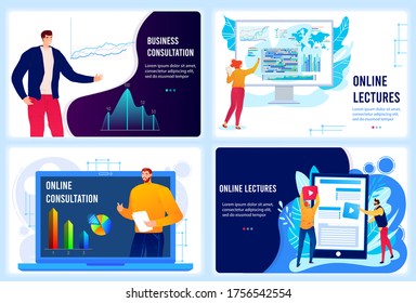 Online training courses vector illustration. Cartoon flat trainer teacher character gives online lecture or business consultation, use smartphone computer video app, digital education landing page set