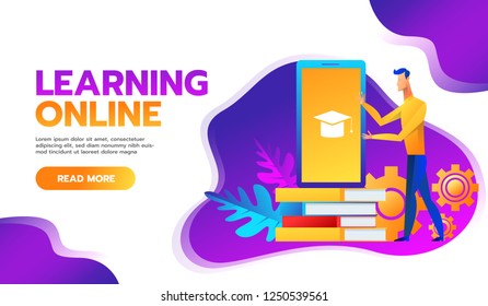 online training courses vector illustration.distance learning business education concept.internet studying book tutorials. skills developstudent flat cartoon character design for web mobile banner.
