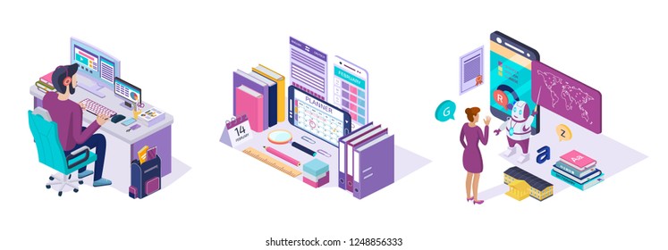 Online Training. Distance E-learning Course School Language, Knowledge, School Education Via Mobile App, Business Webinars And Lectures, Online Conference. Isometric Vector Isolated.