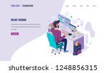 Online training. Distance e-learning, online training courses of student, school internet education, business webinars and lectures, school homework. Landing page template. Isometric vector.