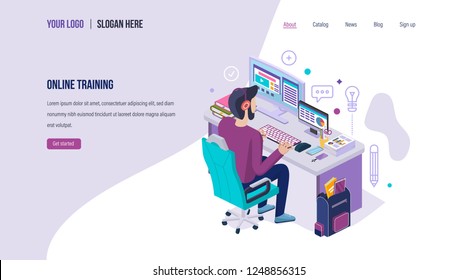 Online training. Distance e-learning, online training courses of student, school internet education, business webinars and lectures, school homework. Landing page template. Isometric vector.