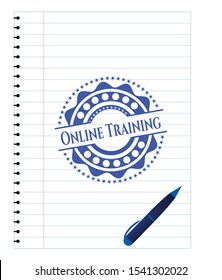 Online Training draw (pen strokes). Blue ink. Vector Illustration. Detailed.