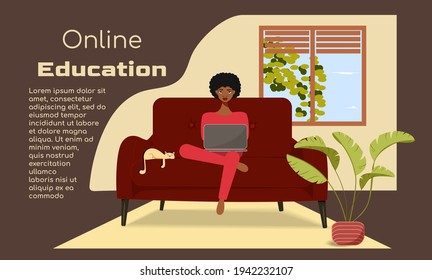 Online training, education. Dark-skinned girl on the couch with a laptop. The cat is in the room on the sofa. Poster, advertisement. Place for your text. Stock vector illustration, brown background