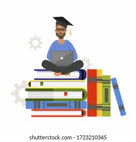 Online training, education. Male student, a graduate sitting on a stack of books with a laptop, in the lotus position. Online library concept. Isolated vector illustration in cartoon style.