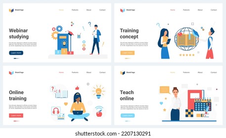 Online Training, Education Services Set Vector Illustration. Cartoon Student And Teacher Study In Modern Future Remote School, Elearning Concept For Banner, Website Design Or Landing Web Page