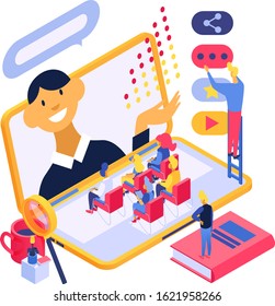 Online training education technology concept vector illustration isometric isolated. People group listen internet conference speaker from laptop screen. Assistants help set up video.