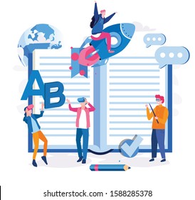 Online training, e-learning. Big book, people use VR and AR for education. Mobile Application for training. Vector illustration for web banner, infographics, mobile.