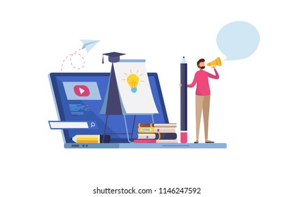 Online Training, E-learning. Online Business Courses. Study At Home. Website Tutorial. Education. Cartoon Miniature  Illustration Vector Graphic On White Background.
