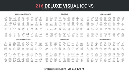 Online training and elearning, personal skill growth, business decision line icon set. Organization of work life balance, winners thinking, startup thin black outline symbols vector illustration