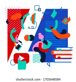 Online training. E-learning vector illustration of people using laptop and tablet for online distance studying and education. Trendy Flat
