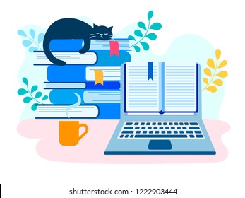 Online training, exam preparation, online library, online applications for books. Cat lying on the books near the computer. Vector illustration.