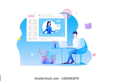 Online training flat design. a man's character is sitting at desk studying online with online course and online examination concept