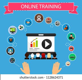 Online training flat icons concept. Vector illustration. Element template for design.