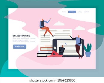 Online training flat landing page with menu, navigation, buttons, mobile device, books, human characters, vector illustration