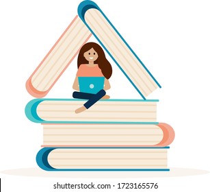 Online training. Girl with a computer learns, sitting on books. Vector illustration isolated on a white background.