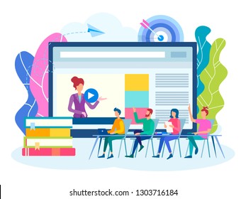  Online training, group lessons, seminars, workshops. Online webinar, Colloquium, team work concept. Vector illustration for social media marketing.