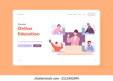 Online training in headphones. Elearning on laptop, students study at teacher computer, virtual education streaming pc lesson university job, vector illustration. Elearning online training at computer