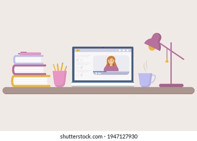 Online training from home. Illustration of a desktop with a computer, desk lamp, books, cup, pen, pencils.