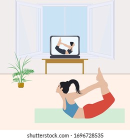 Online Training At Home - Room, Open Window, Computer - Yoga, Girl Makes Exercise - Vector. Quarantine. Stay Home. Mental Health