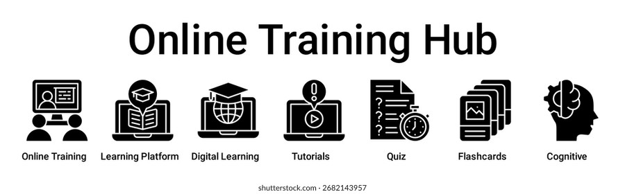Ilustração de vetor de ícone da web de bandeira de treinamento online conceito para educação com ícone de treinamento online, plataforma de aprendizado, aprendizado digital, tutoriais, questionário, cartões de memória.