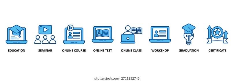 Online training icon set In Blue Style vector illustration for education, seminar, online course, online test, online class, workshop, graduation, certification�