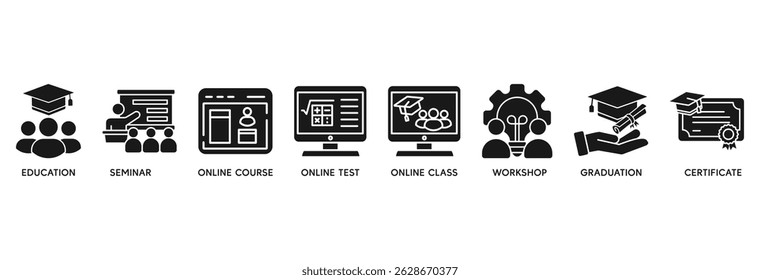Online training icon set vector illustration concept relate to education, seminar, online course, online test, online class, workshop, graduation, certification